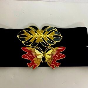Two Vintage Elastic Belts with Gold Tone Enamel Buckle up to 30"in